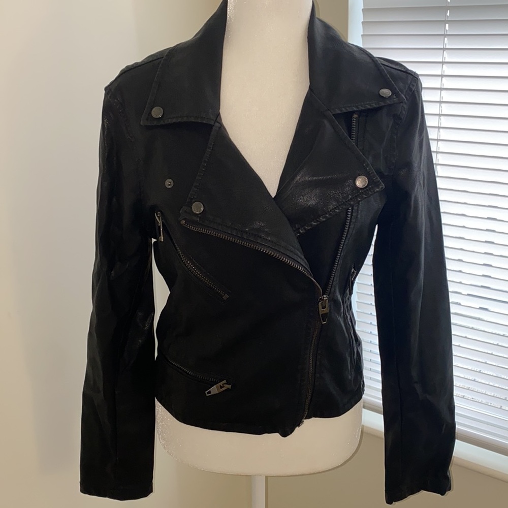 Distressed Beautiful black (faux) “leather” jacket